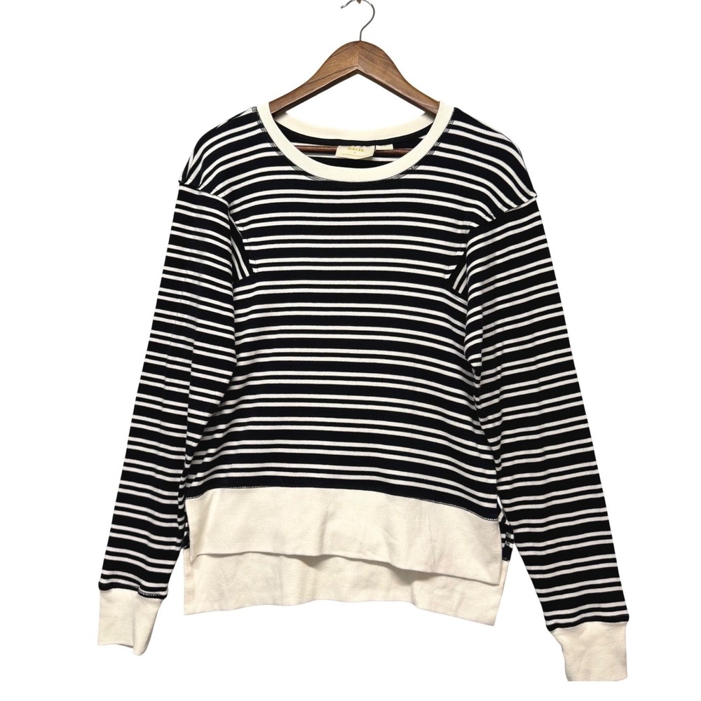 Maeve Anthropologie Top Womens Sz‎ M Black White Striped Ribbed Coastal Sweater